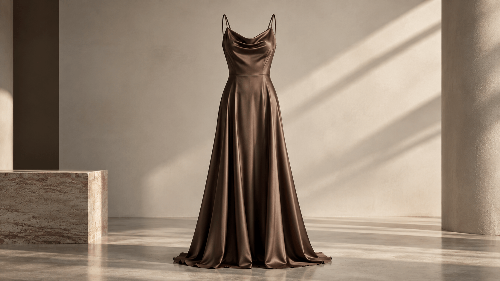 TLD E-Commerce — Chocolate-brown silk gown, product clarity catalogue photography