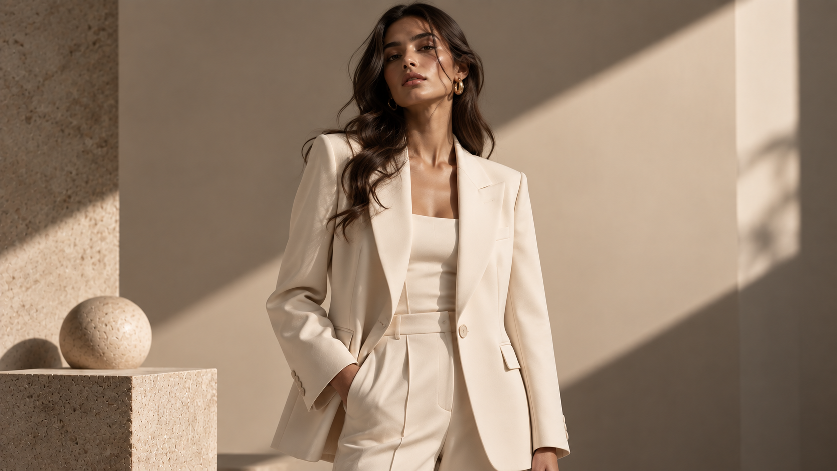 Campaign transformation — model wearing tailored suit in architectural campaign world