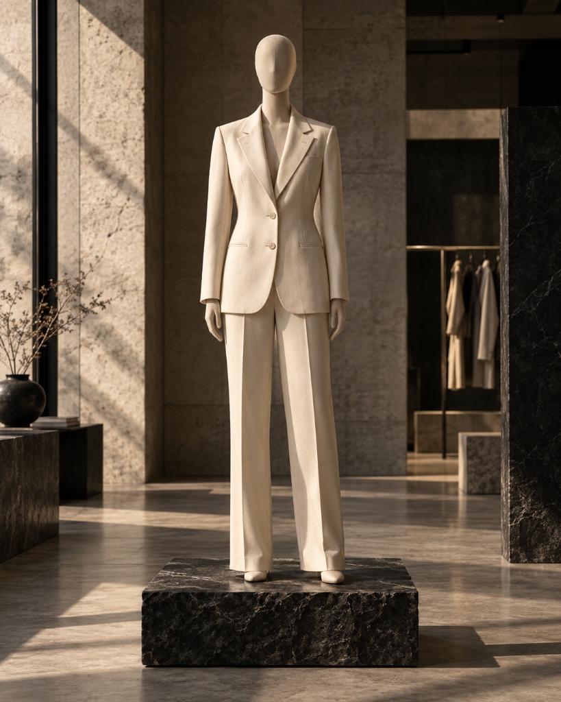 E-commerce visuals — tailored cream suit on dark marble plinth