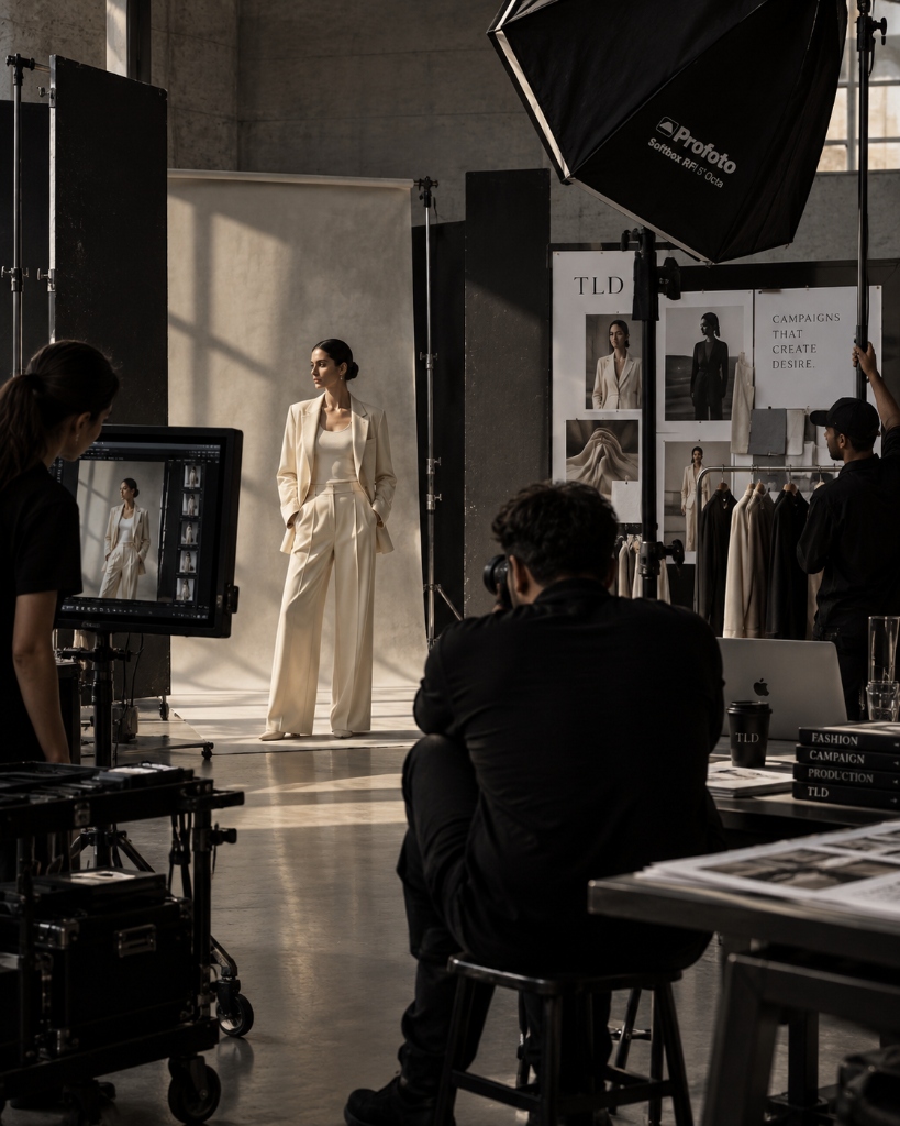Campaign production — on-set atelier studio photoshoot with lighting and crew