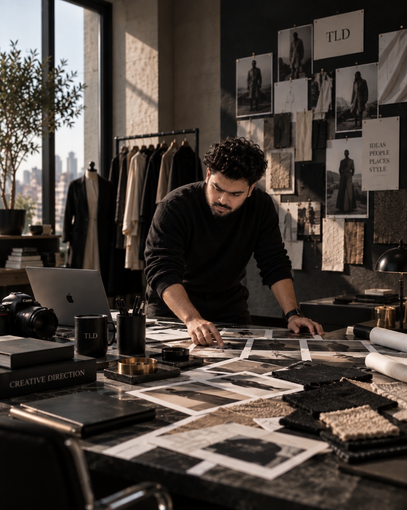 Creative direction — creative director reviewing moodboards, prints, and fabric swatches in atelier